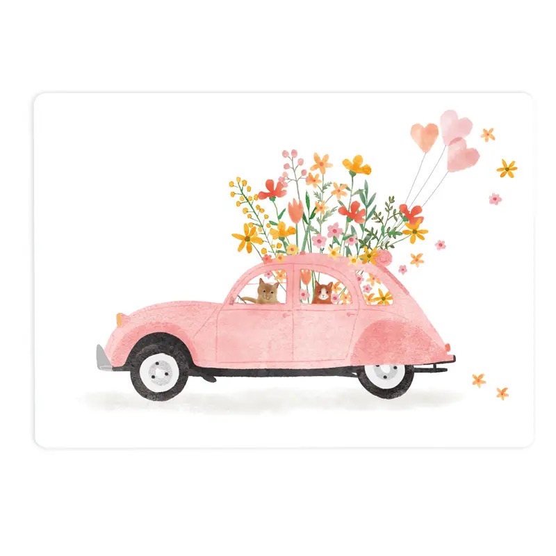The Lemonbird, kaart A6 `Roze auto` bloemen ballonnen poezen - Afbeelding 2
