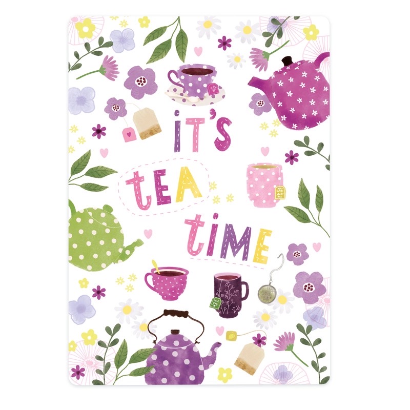 The Lemonbird, kaart A6 `Roze paarse theekoppen theepotten, It`s tea time` - Afbeelding 2